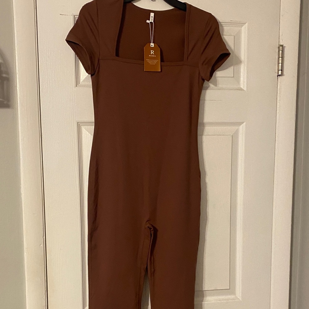 Roria Square Neck Short Sleeve Brown Jumpsuit